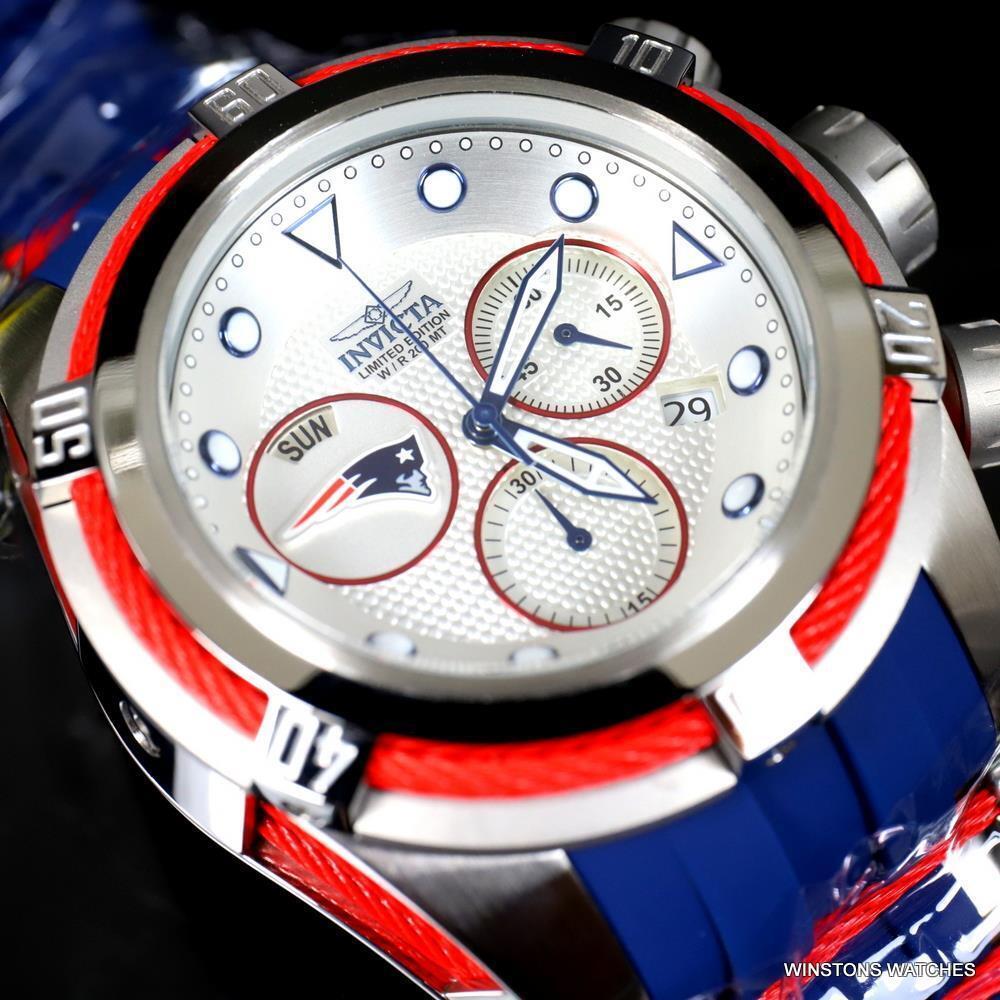 Invicta Nfl Bolt Zeus England Patriots Chronograph Swiss Blue 52mm Watch - Face: White, Dial: Silver, Band: Blue