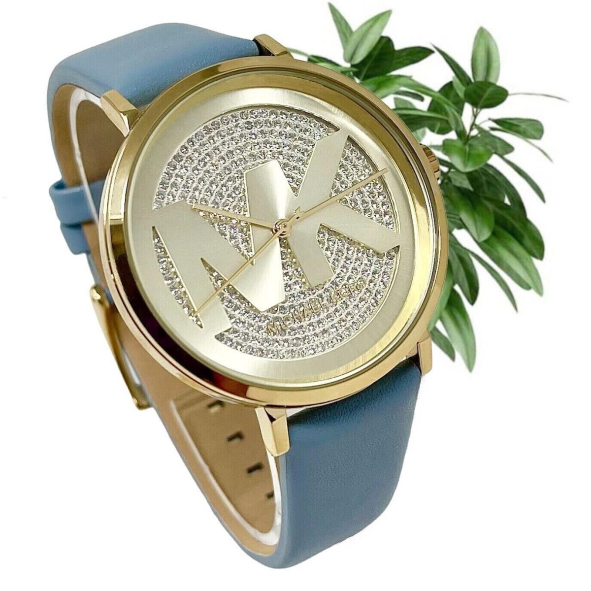 Michael Kors Ladies Addyson Glitz Gold MK Logo Dial Blue Leather Watch MK2956