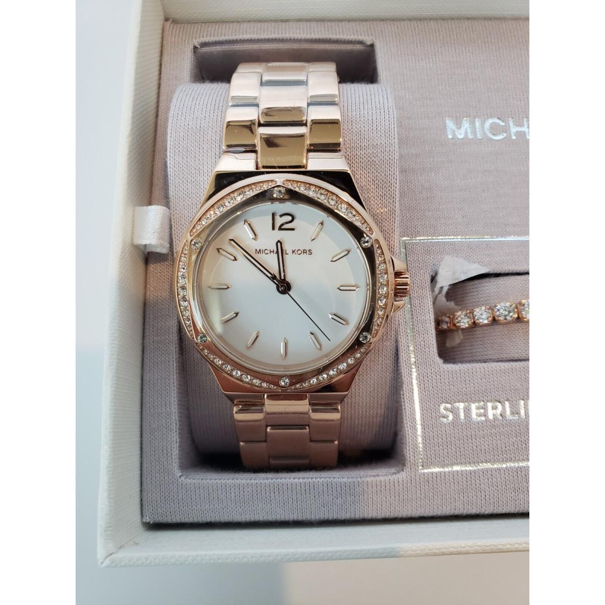 Michael Kors Lennox Rose Gold Tone Watch and Sterling Bracelet Set