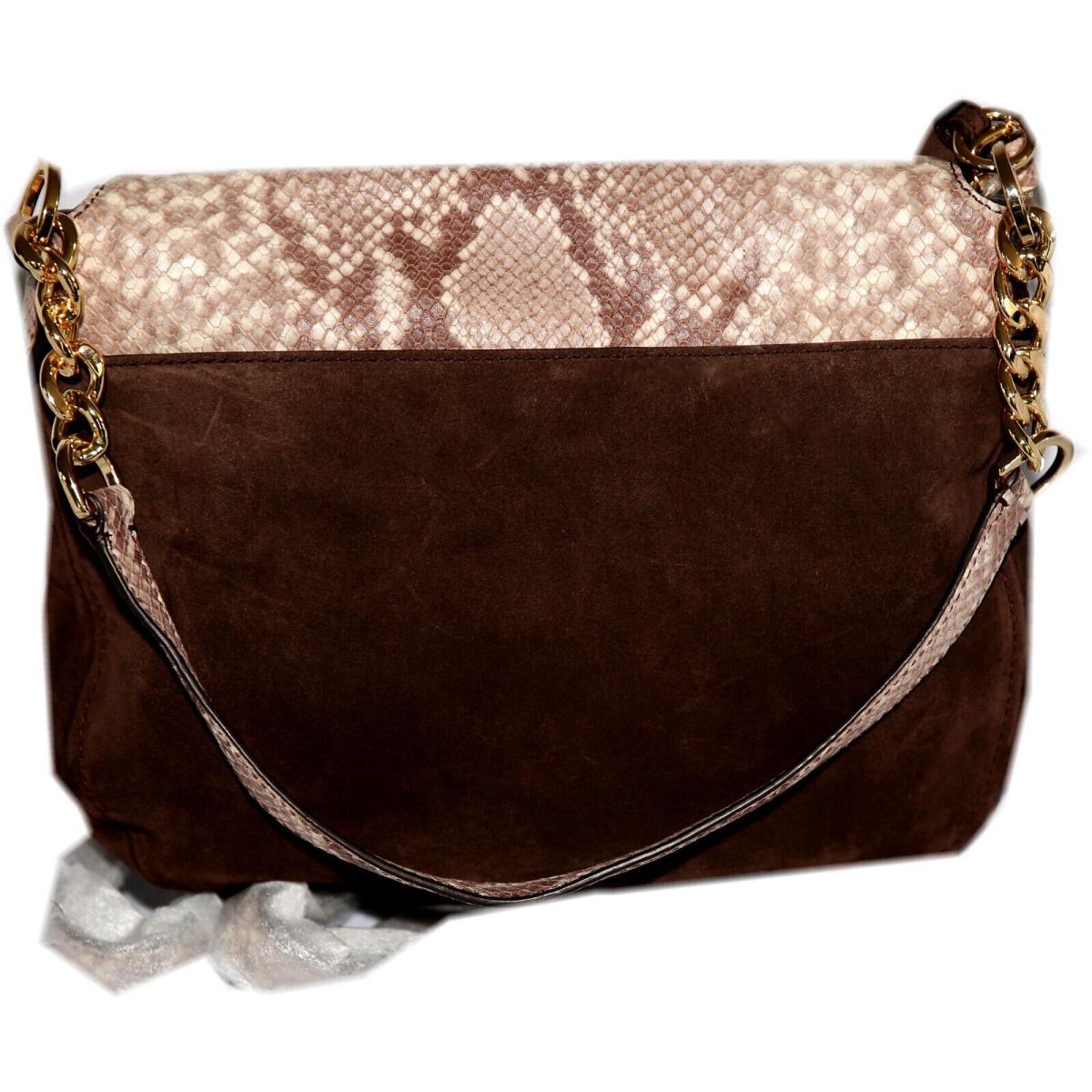 Kors Snake Emboss Leather / Suede Bedford Handbag - Exterior: Tan Ivory Snake Embossed Leather / Rich Brown Suede, Lining: Signature Beige fabric