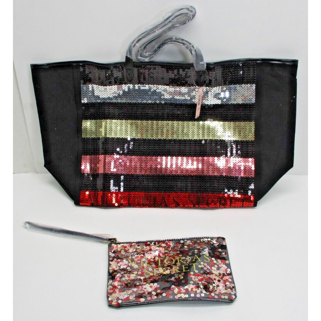 Victoria`s Secret Sequin Tote Clutch Make-up Bag Wristlet Set