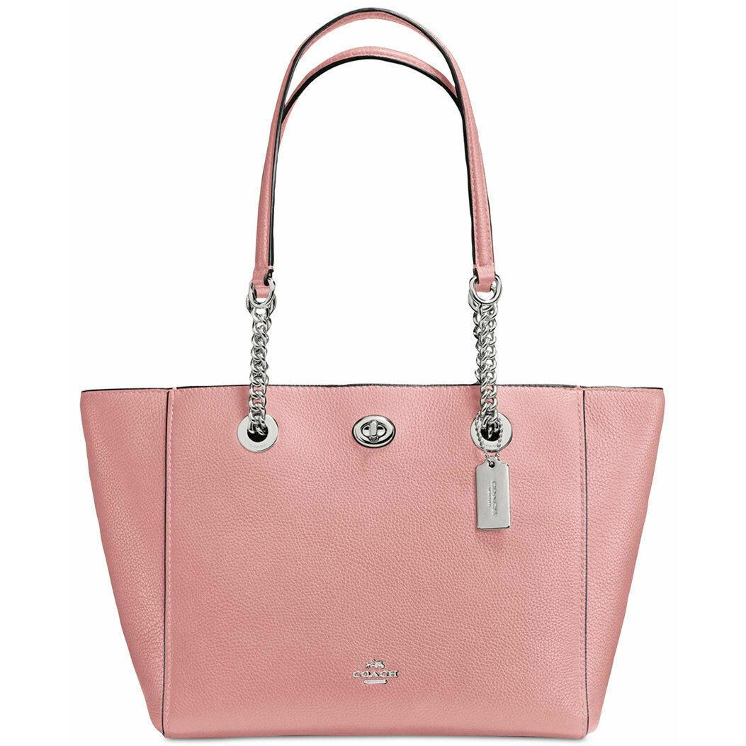 Coach NY 57107 Turnlock Silver Chain Peony Pink Leather Shoulder Tote Bag