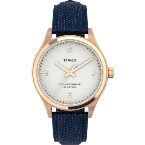 Timex Women`s Watch Waterbury White Dial Navy Blue Leather Strap TW2U97600VQ - Dial: White, Band: Blue