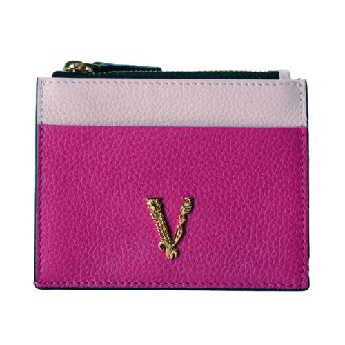 Versace Women`s Purple Pink Textured Leather V-logo Card Case