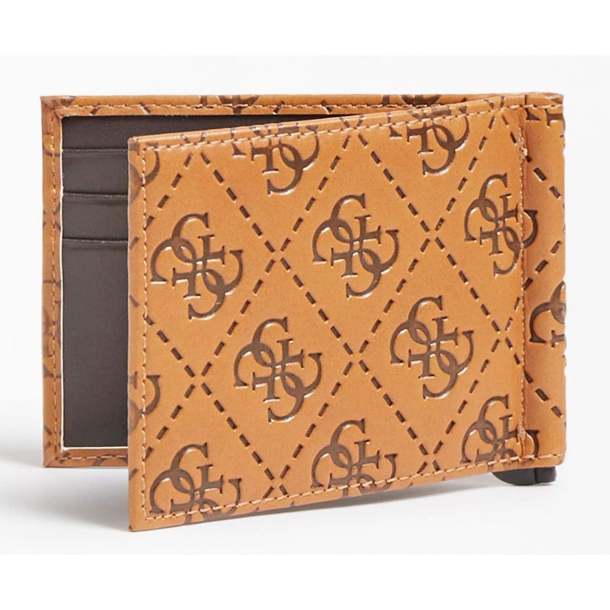 Guess Cognac Card Case Embossed Wallet 4G Logo Leather