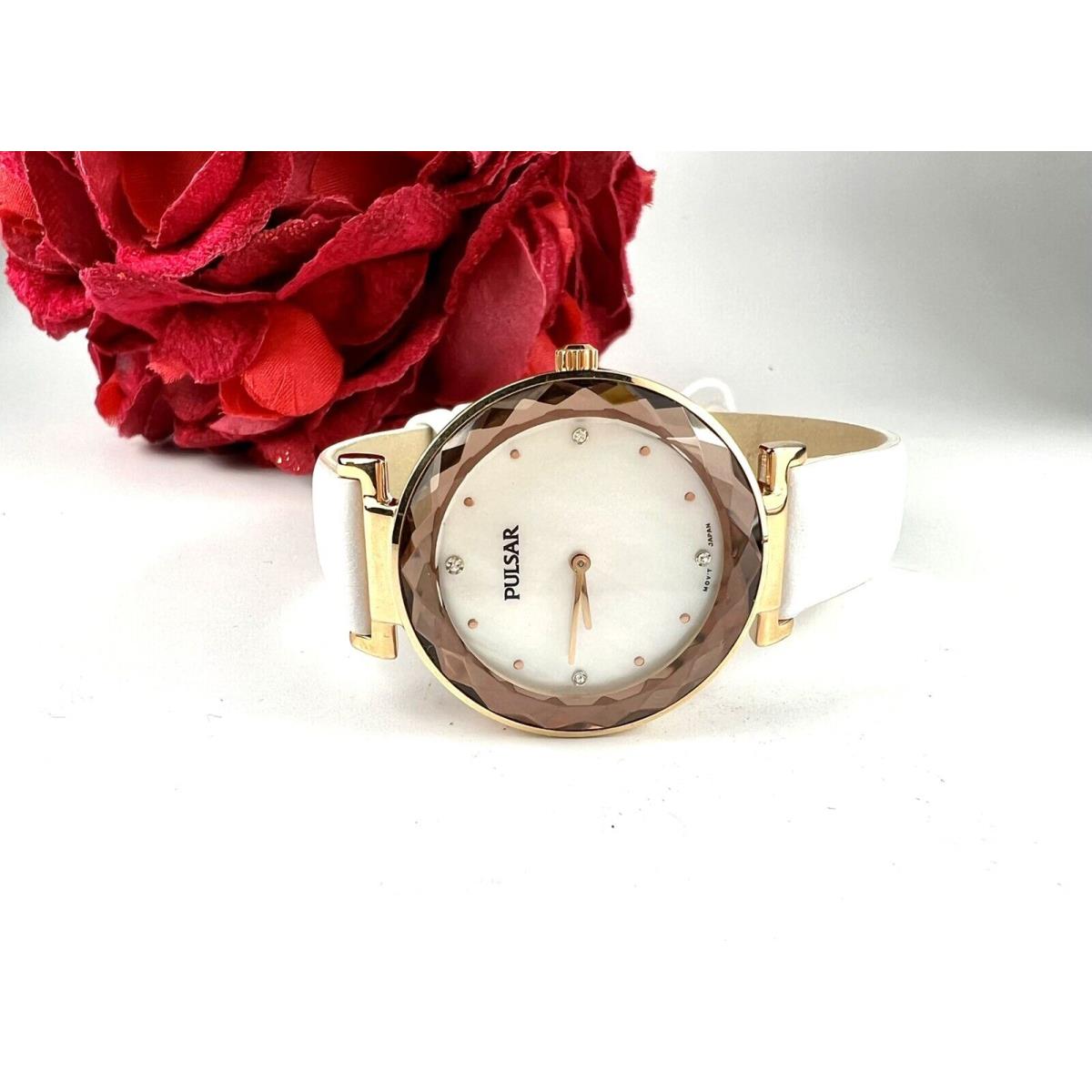 Pulsar Woman s Watch Faceted Crystal Rose Gold Tone White Band Swarovski Crystal