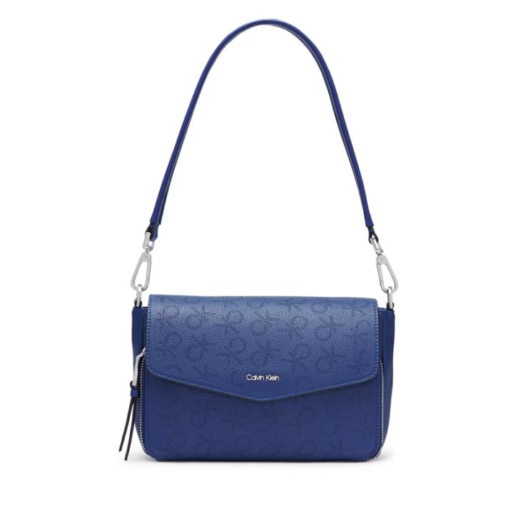 Calvin Klein Ava Perforated Signature Flap Shoulder Bag Blue One Size - Exterior: Blue