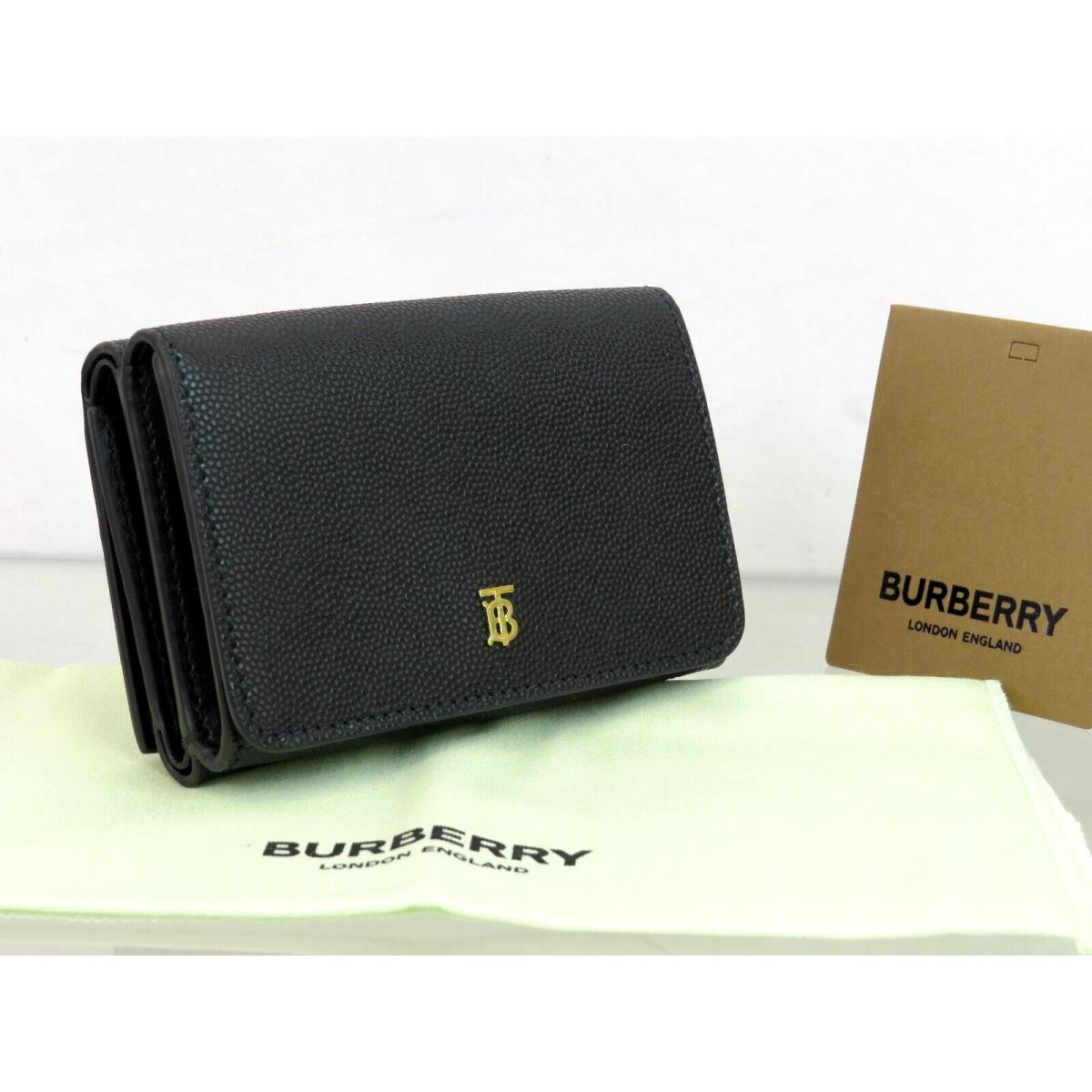 Burberry Lark Black Grained Leather Gold TB Logo Compact Trifold Wallet