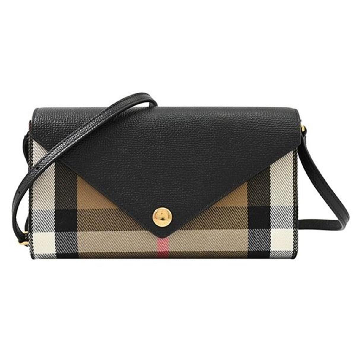 Burberry Hannah Black Leather Canvas Check Shoulder Strap Clutch Bag