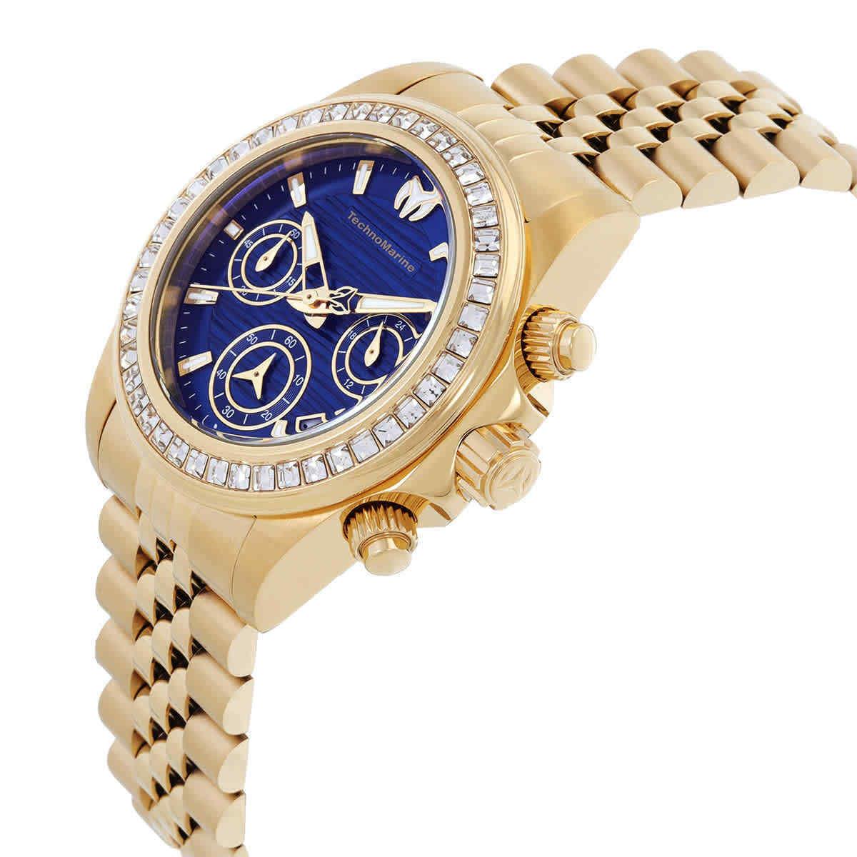 Technomarine Manta Chronograph Gmt Quartz Blue Dial Ladies Watch TM-222027 - Dial: Blue, Band: Gold-tone, Bezel: Gold-tone