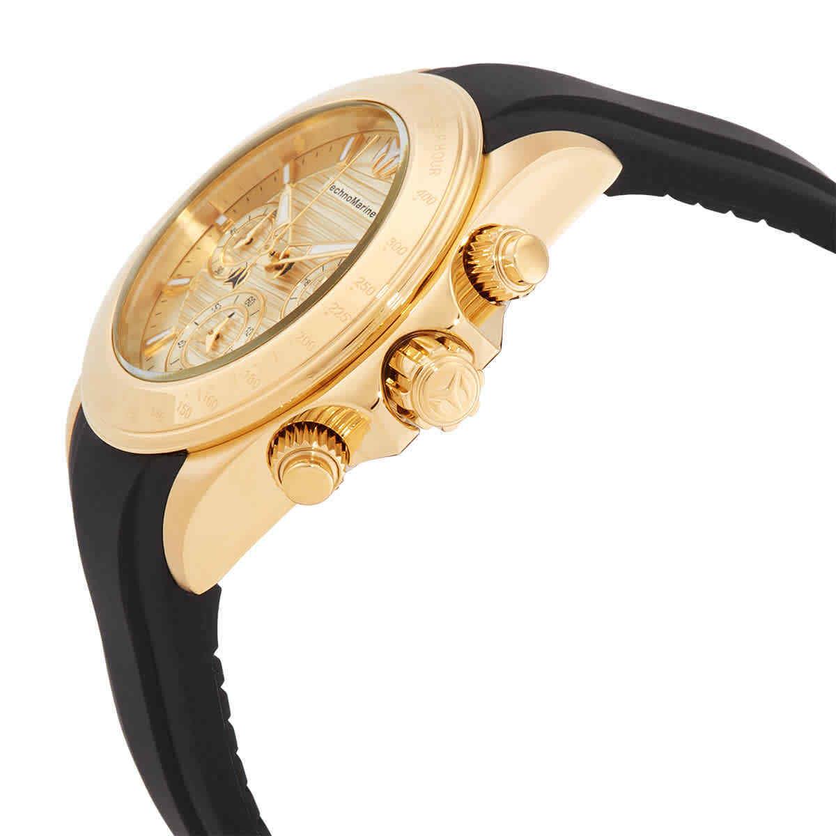 Technomarine Manta Chronograph Quartz Gold Dial Ladies Watch TM-219041 - Dial: Gold, Band: Black, Bezel: Gold-tone