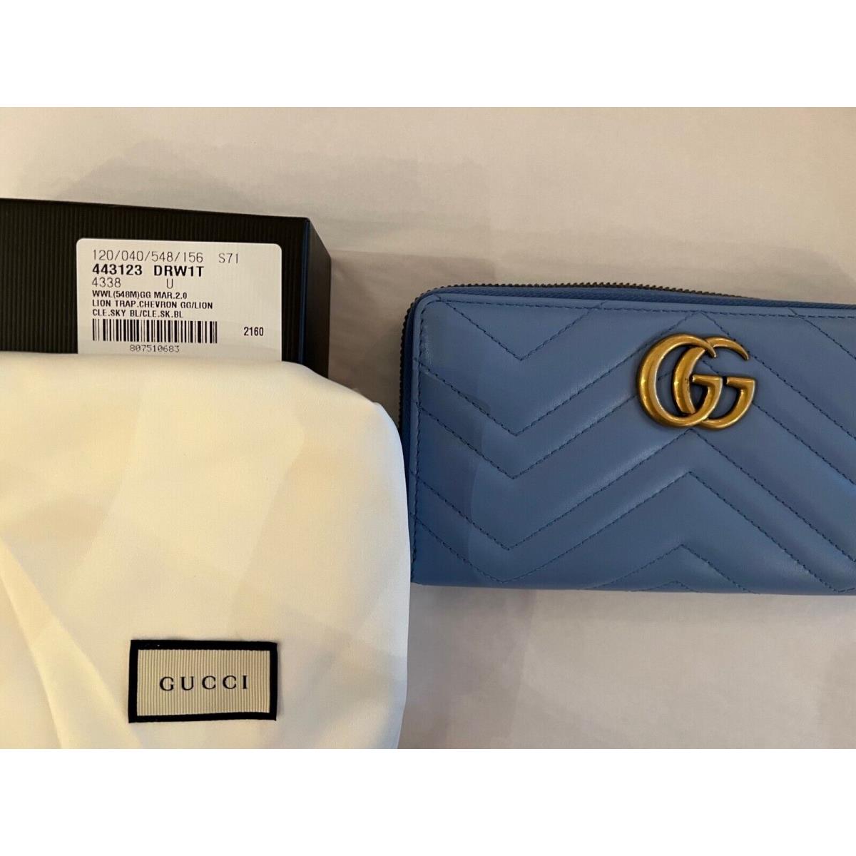 Gucci GG Marmont Chevron Blue Gold Continental Wallet Leather Box Zip Around