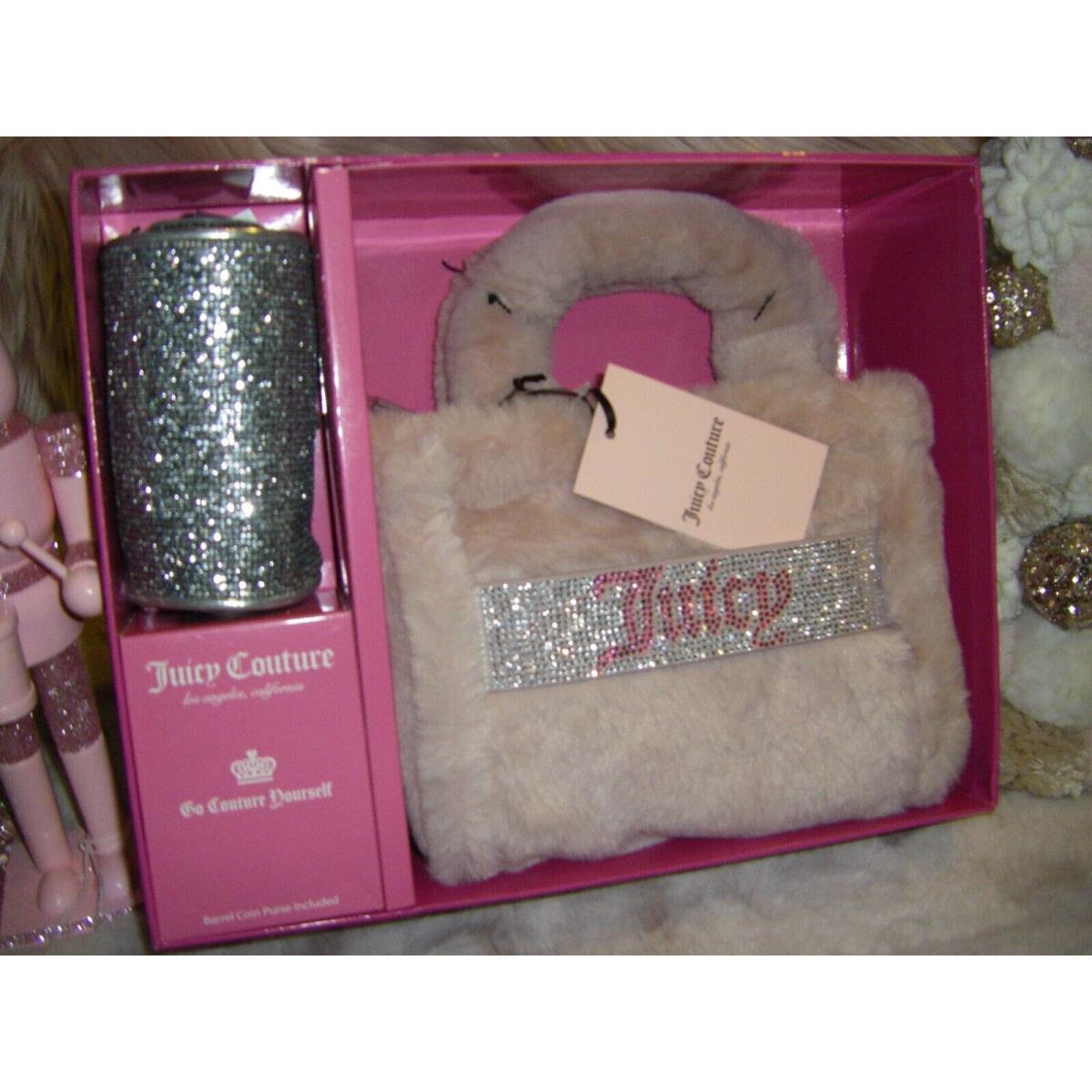 Juicy Couture Mini Fur Tote Bag Silver Barrel Dusty Blush 2 PC Set Box