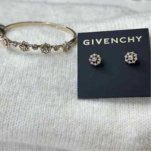 Givenchy Floral Rhinestone Gold Bracelet Matching Floral Rhinestone Earrings