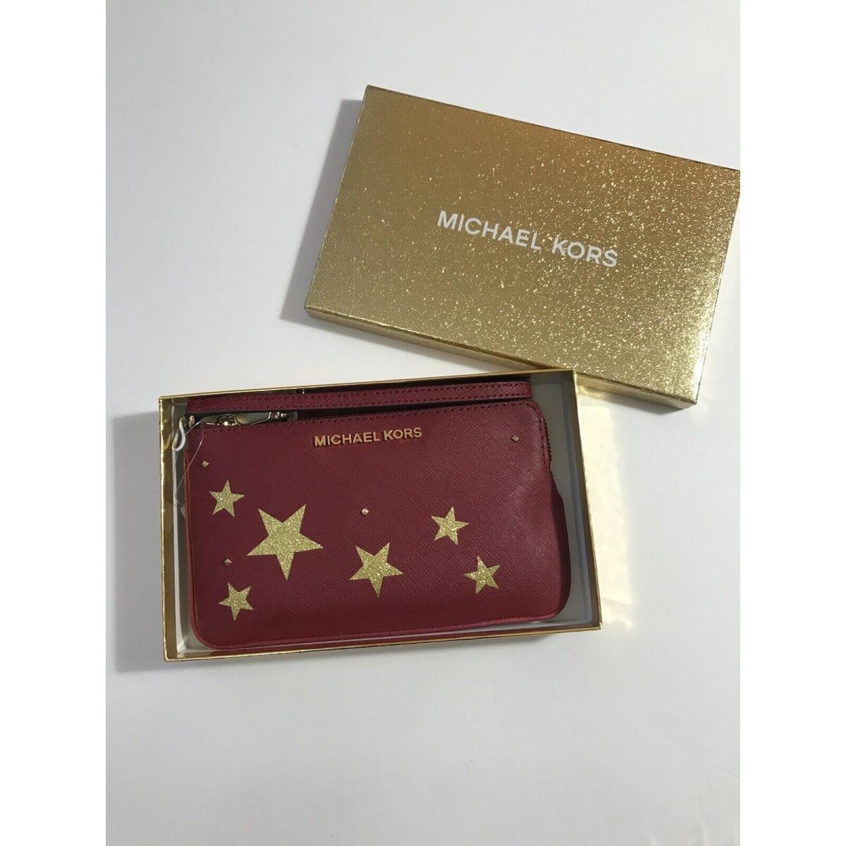 Michael Kors Large Leather Top Zip Wristlet Wallet Red Cherry Gold Stars Purse