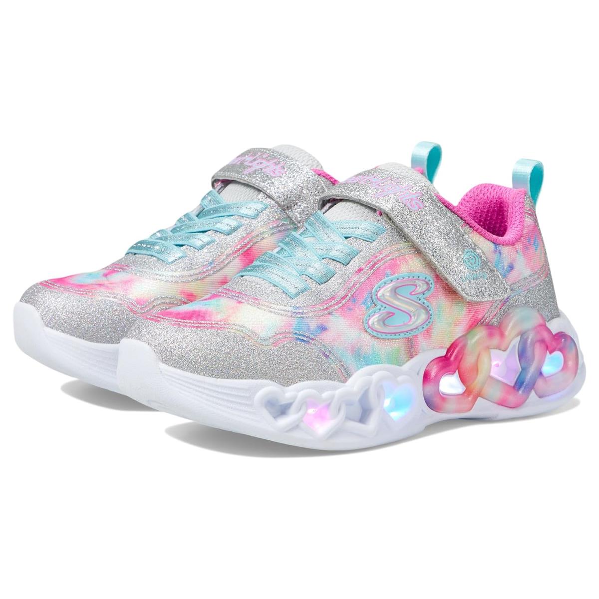 Girl`s Shoes Skechers Kids Infinite Heart Lights 303753L Little Kid/big Kid Silver/Multi