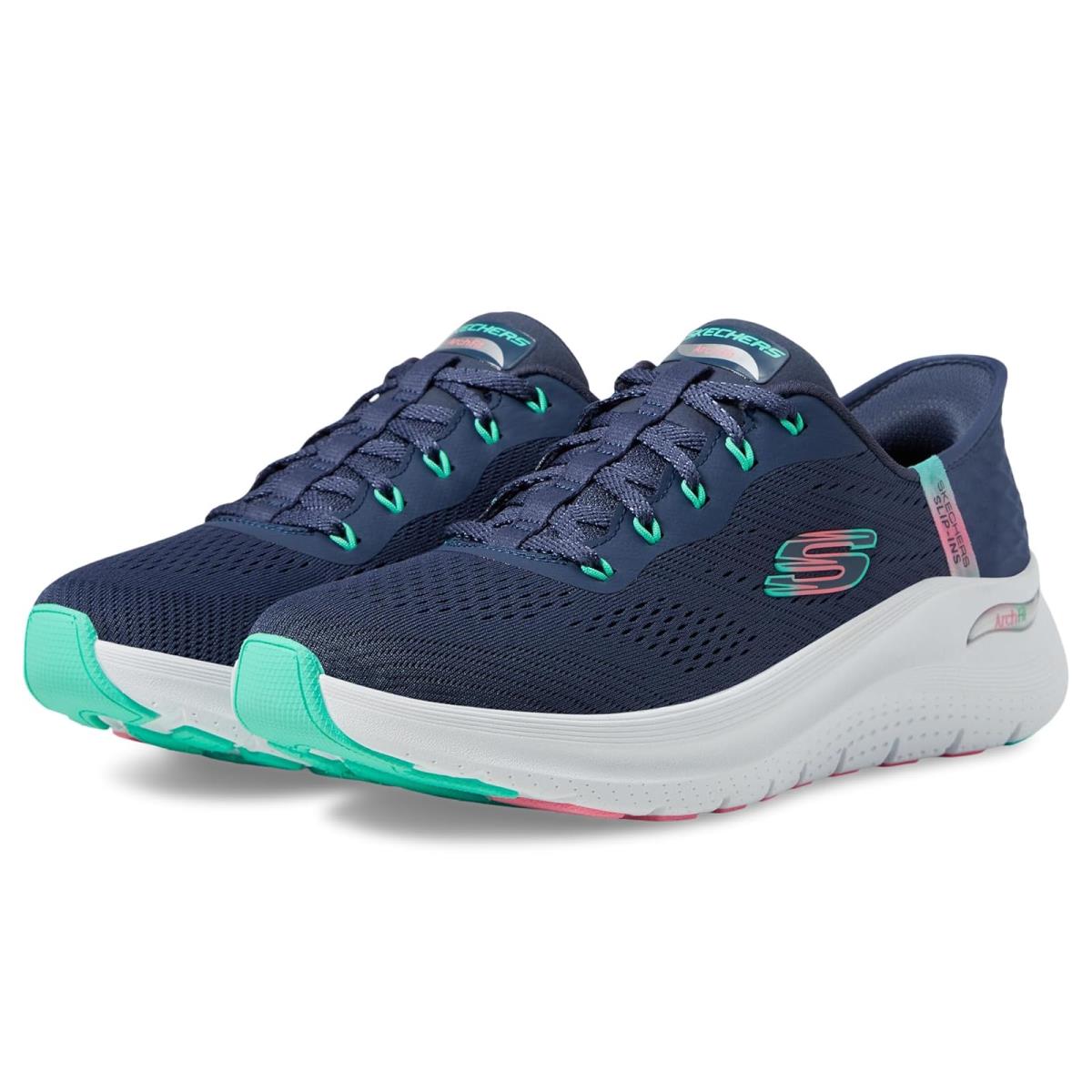 Woman`s Shoes Skechers Arch Fit 2.0 Easy Chic Hands Free Slip-ins Navy Turquoise