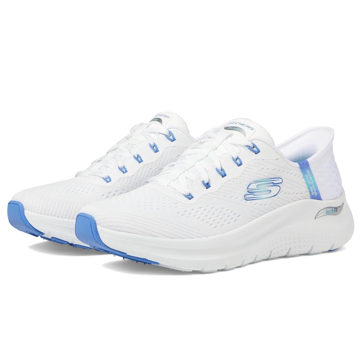 Woman`s Shoes Skechers Arch Fit 2.0 Easy Chic Hands Free Slip-ins White Blue