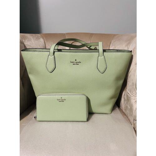 Kate Spade Leila Large Tote Bag Handbag Leather Wallet Set Beach Glas Green New
