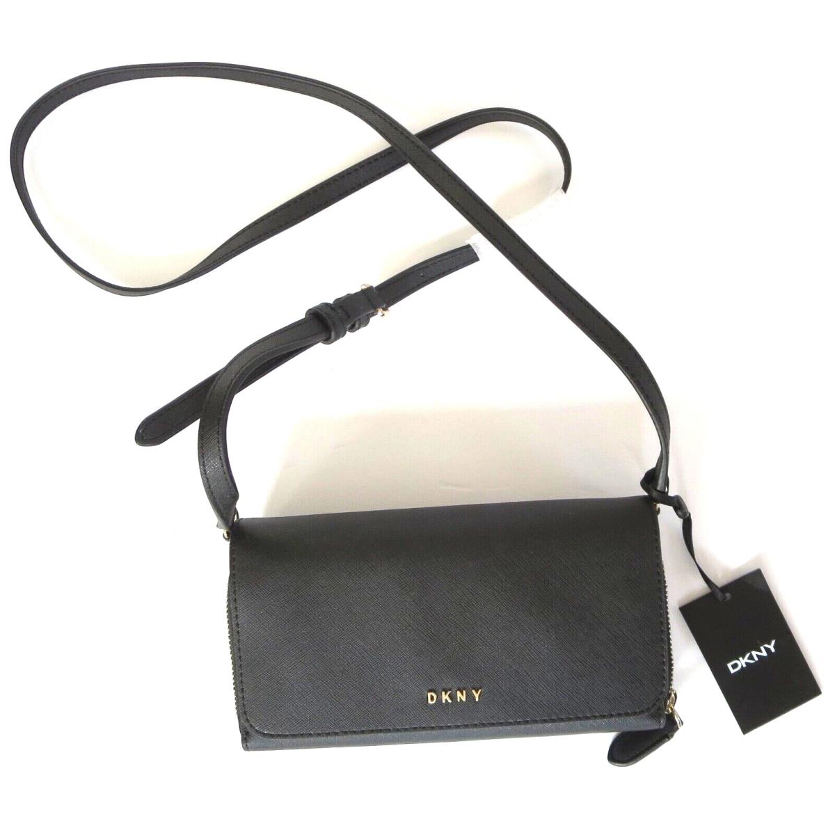 Dkny Sina Wallet on a String Black Bag Purse 3 Compartment Zip Around Crossbody