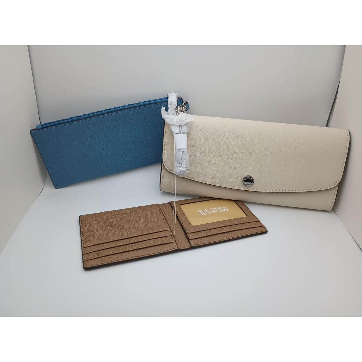 Michael Kors Large Flap Juliana Leather 3Pcs Wallet Set - Beige/blue/khaki