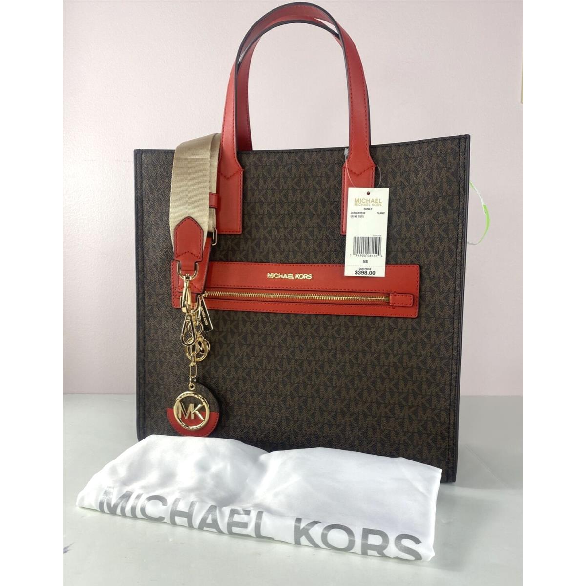 Michael Kors Bag Kenly Large NS Shopper Tote Signature Brown Flame Key Fob B3K