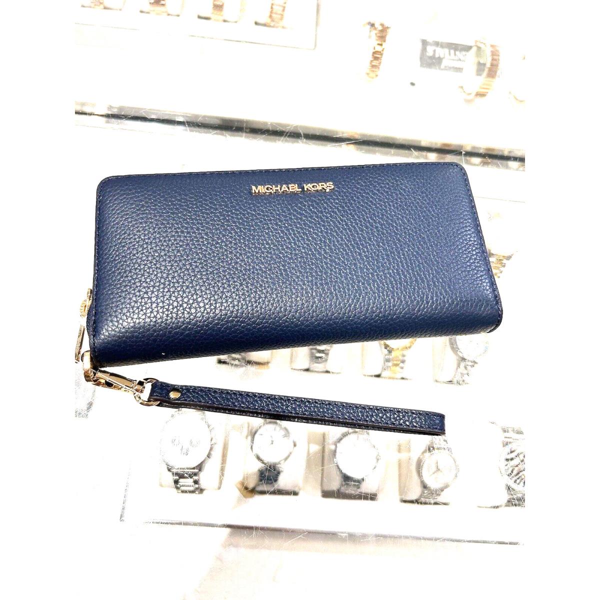 Michael Kors Jet Set Travel Continental Leather Long Wallet Wristlet Navy Gold