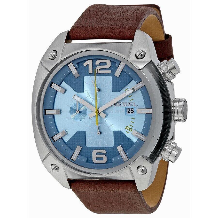 Diesel Men`s DZ4340 Overflow Chronograph Stainless Steel Leather Watch - Dial: Blue, Band: Brown, Bezel: Silver
