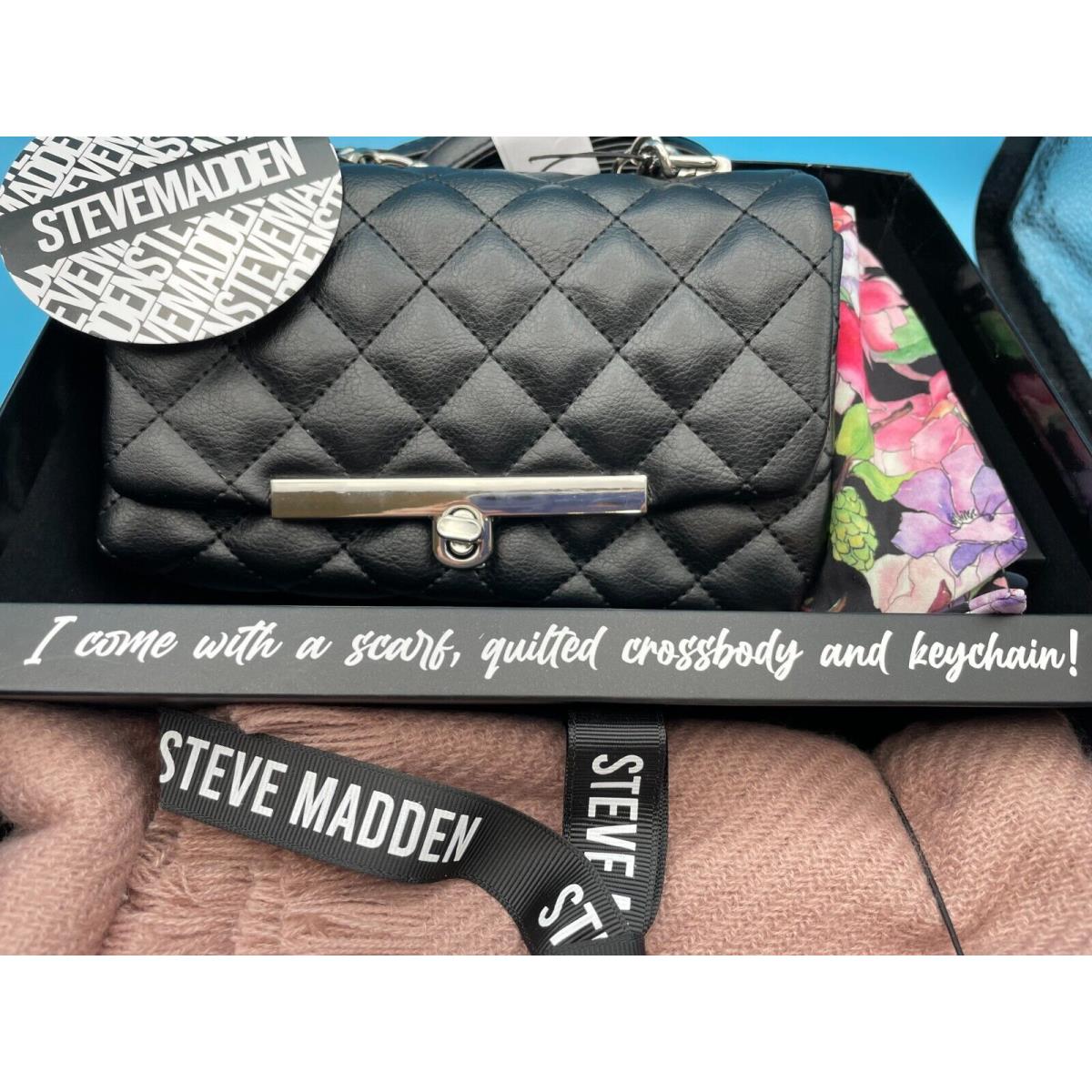 Steve Madden Scarf Quilted Black Crossbody Bag Floral Keychain Gift Set