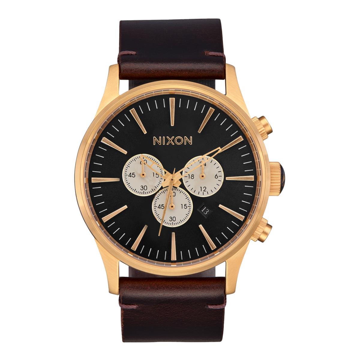 Nixon The Sentry Chrono Leather Watch 5033-Gold-Indigo-Brown