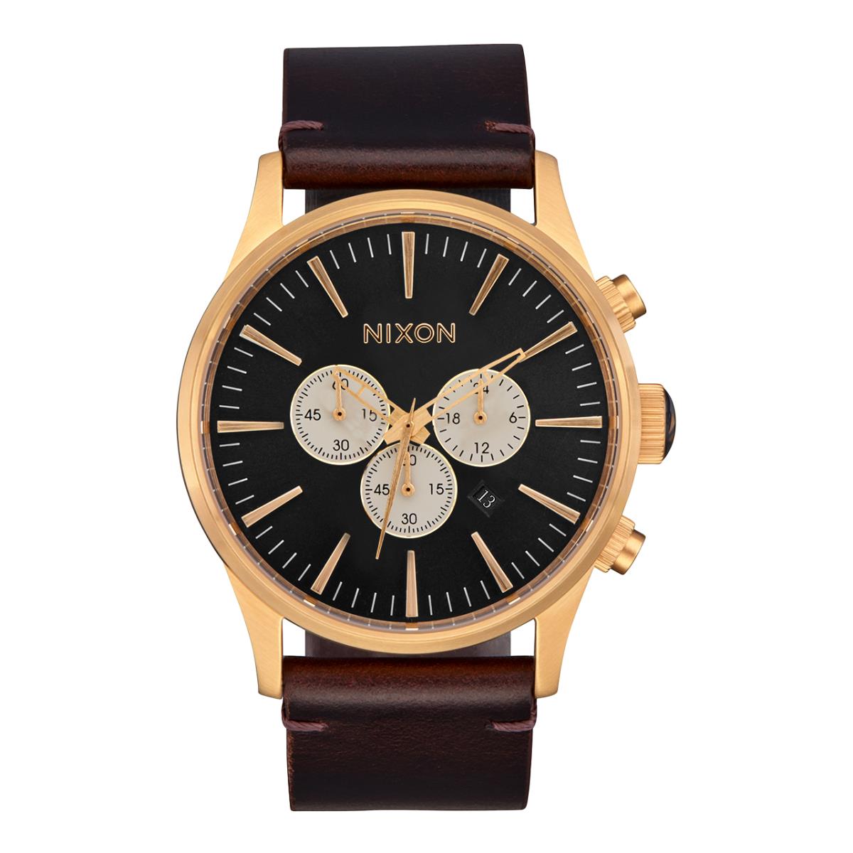 Nixon The Sentry Chrono Leather Watch 5033-Gold-Indigo-Brown