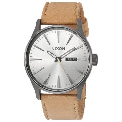 Nixon Men`s Watch Sentry Quartz Silver Tone Dial Brown Leather Strap A1052741