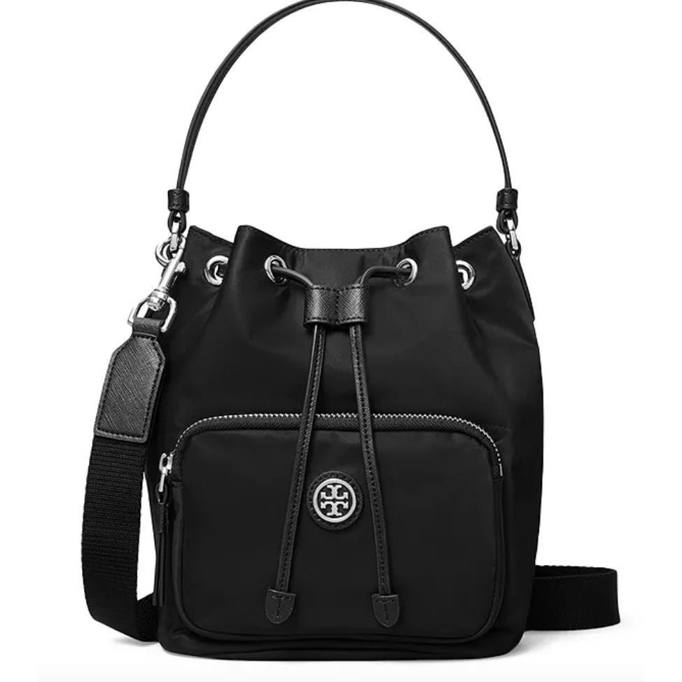 Tory Burch Women s Virginia Recycled Black Nylon Top Handle Bucket Bag