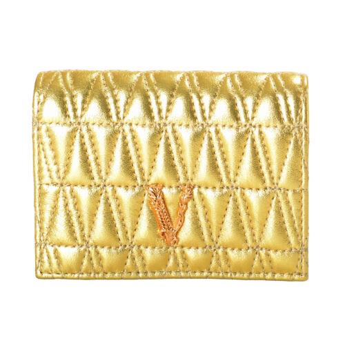 Versace Women`s Gold Leather Quilted Card Case Compact Wallet