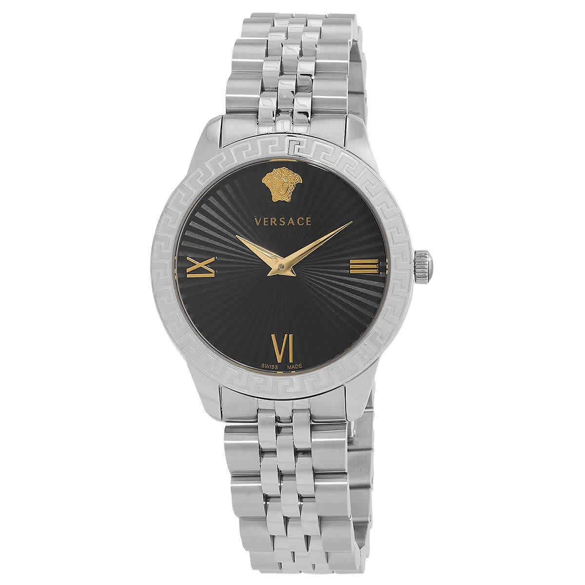 Versace Greca Signature Quartz Black Dial Ladies Watch VEVC00419 - Dial: Black, Band: Silver-tone, Bezel: Silver-tone