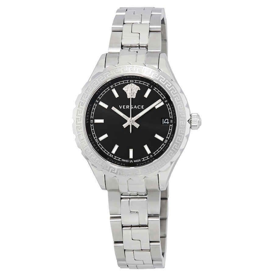 Versace Hellenyium Black Dial Ladies Watch V1202 0015 - Dial: Black, Band: Silver-tone, Bezel: Silver-tone