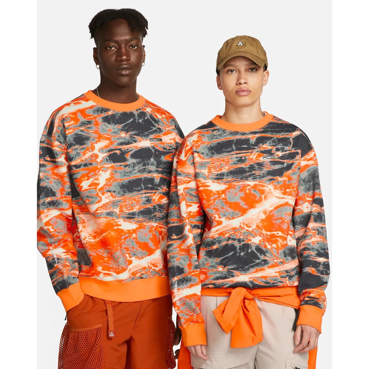 Nike Acg Therma-fit All Over Print Fleece Crew Bright Mandarin Sz L DV9541-885