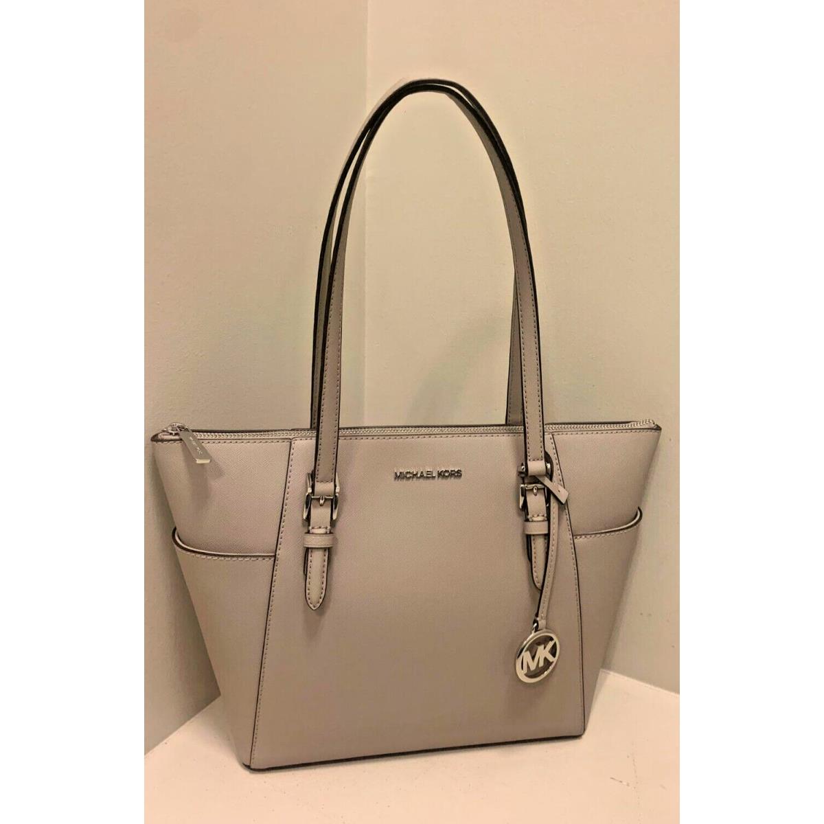 Michael Kors Charlotte Large Women Leather Top-zip Tote Shoulder Bag Pearl Grey - Handle/Strap: Pearl Grey, Hardware: Silver, Lining: Pearl Grey