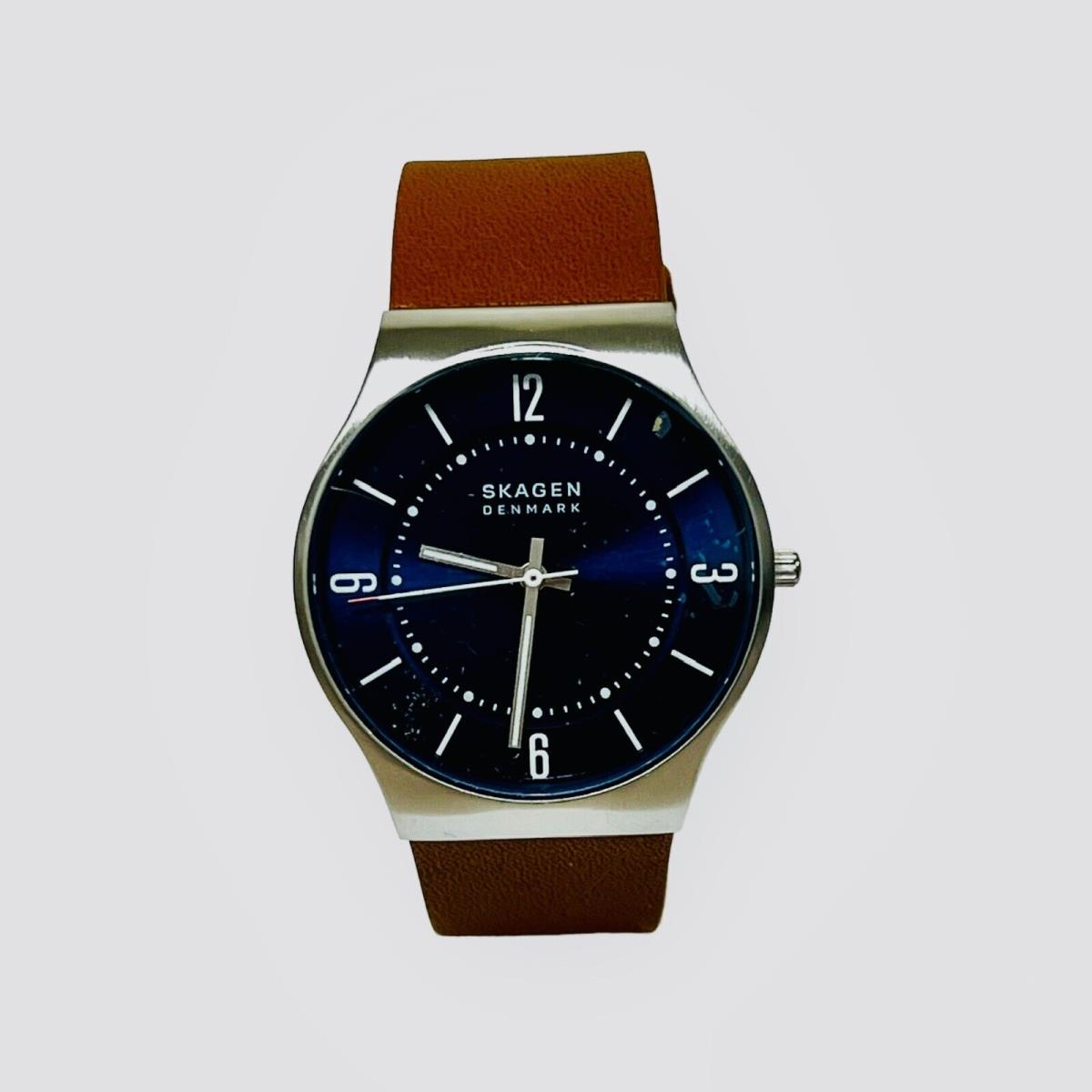 Skagen Men`s Grenen Three-hand Date Watch Leather Band SKW6852 - Dial: Ocean Blue, Band: Espresso, Bezel: Silver