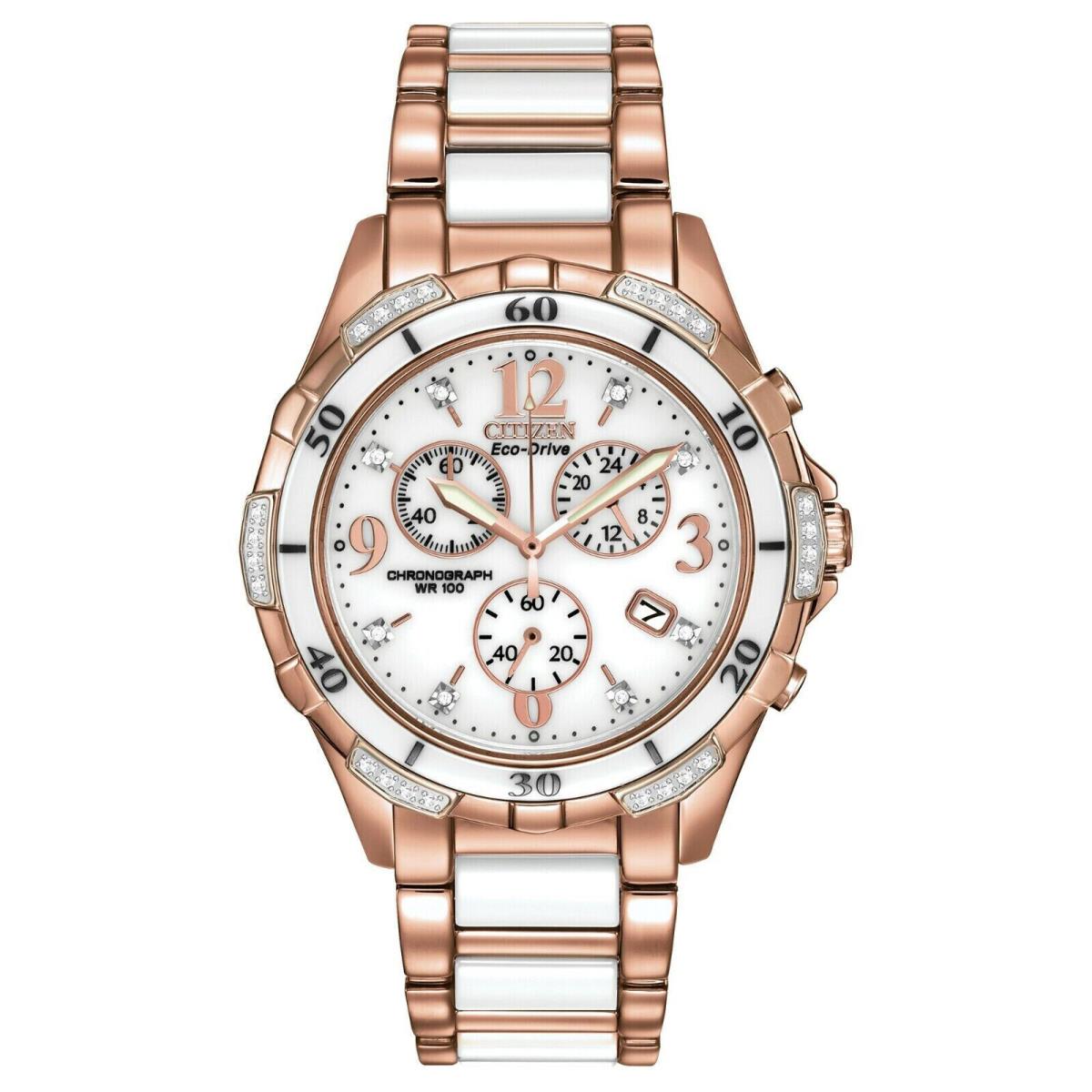 Citizen FB1233-51A Silhouette Diamond Chronograph White Ceramic Band Watch - Dial: White, Band: Rose Gold, Bezel: Rose Gold