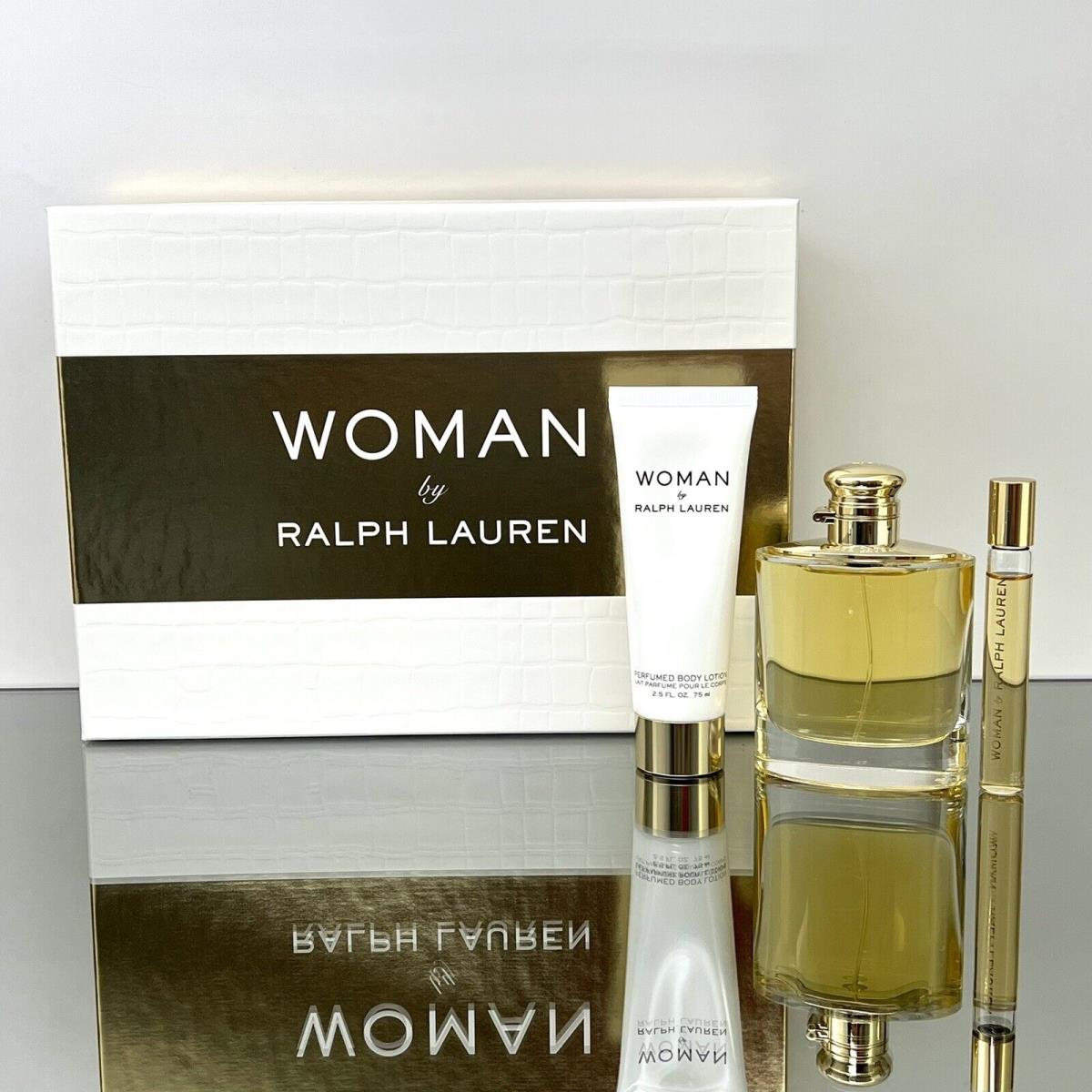 Woman by Ralph Lauren 3pc Gift Set 3.4oz Edp +10ml Rollerball +2.5oz B/lotion