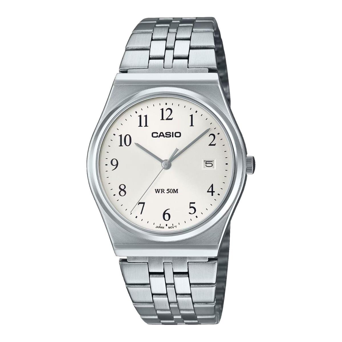 Casio MTP-B145D-7BV Men`s Vintage Stainless Steel Easy Reader White Dial Watch - Dial: White, Band: Silver, Bezel: Silver