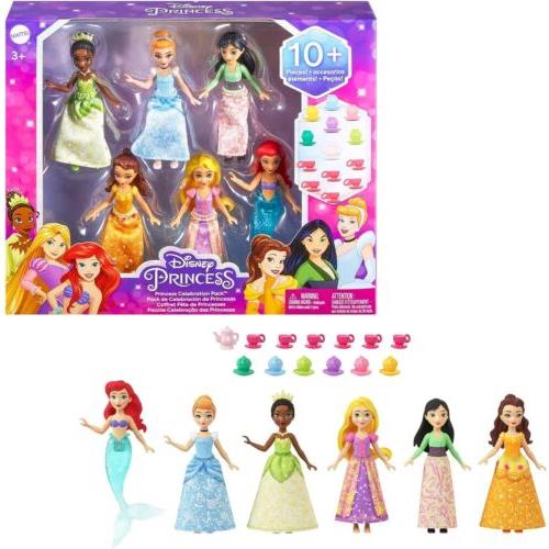 Mattel Disney Princess Toys 6 Posable Small Dolls with Sparkling