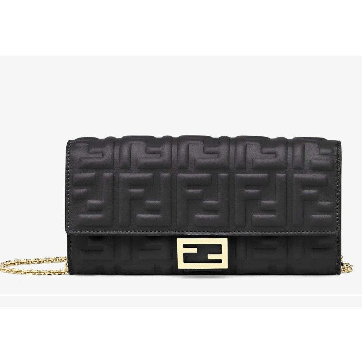 Fendi Continental Baguette Black Nappa Embossed FF Leather Wallet On Cha