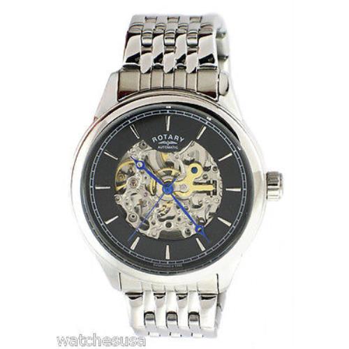 Rotary Mens Black Skeleton Dial Stainless Steel Bracelet Watch GB00162/04