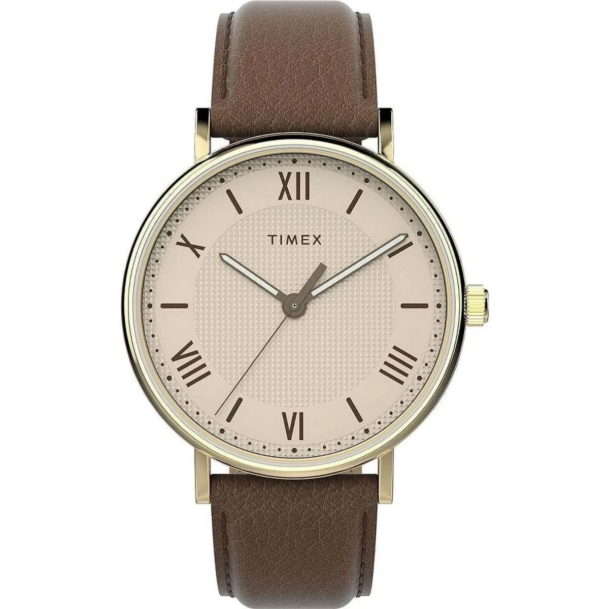 Timex Men`s TW2V91300 Brown Leather Watch 41MM Case - Dial: Cream, Band: Brown, Bezel: Gold