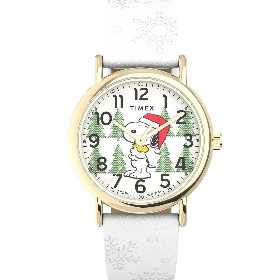 Timex TW2W24100 x Peanuts Snoopy Holiday 34mm Leather Strap Watch - Dial: White, Band: White, Bezel: Gold