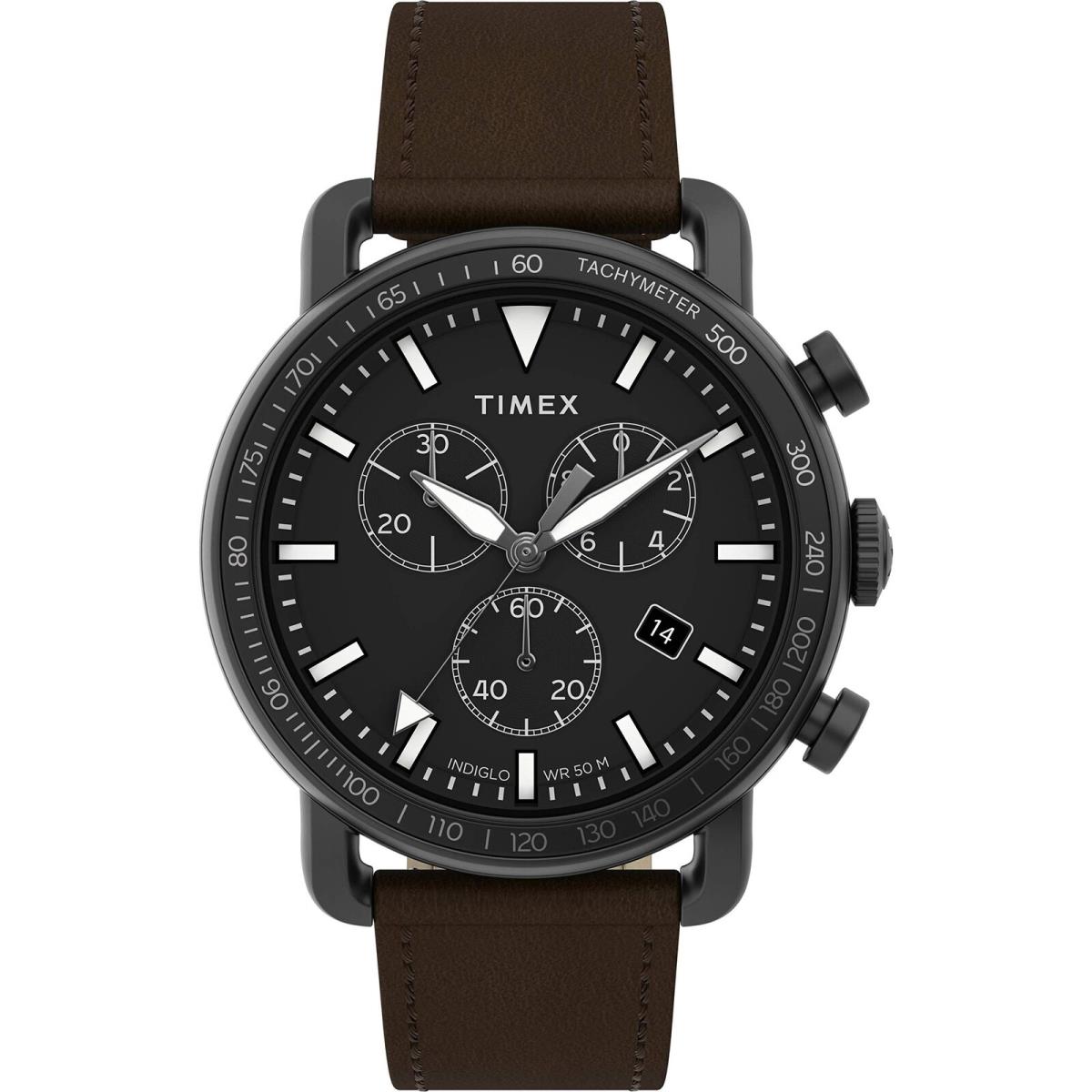 Timex Port Chrono 42mm Black Case Black Dial Brown Leather Strap