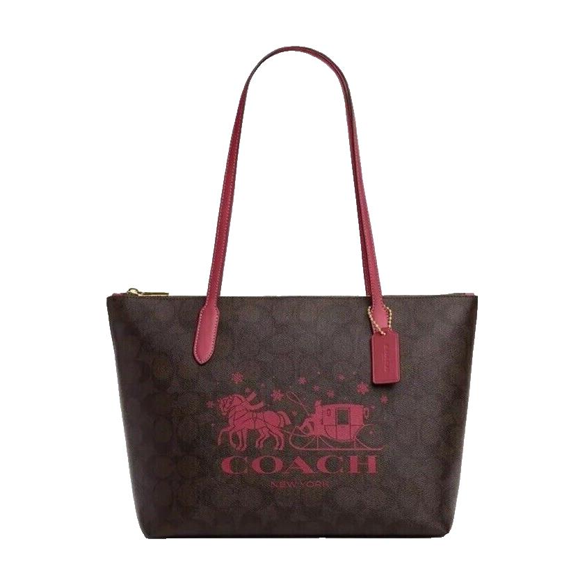 Coach Zip Top Tote In Signature Canvas with Horse Sleigh Brown / Rouge CN626