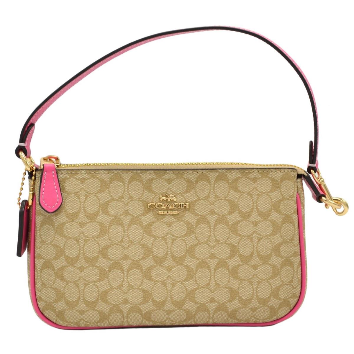 Coach Women`s Nolita 19 Small Purse Signature Canvas Logo Leather Handbag - Handle/Strap: Pink, Hardware: Gold, Lining: Brown